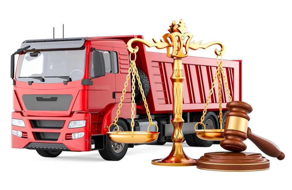 Tipper truck with a wooden gavel and scales of justice. 3D rendering isolated on a white background.






