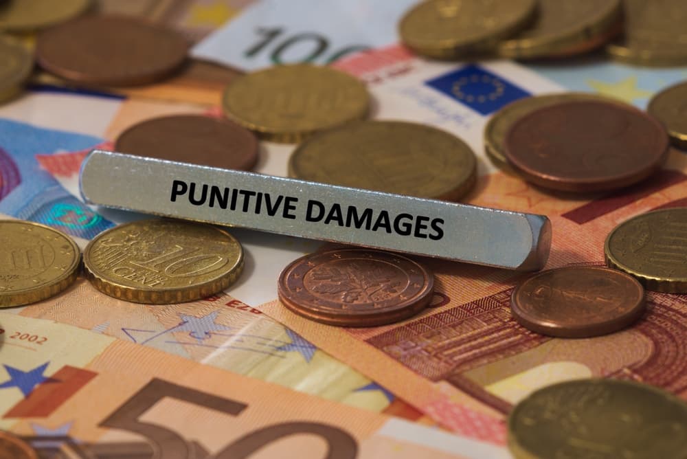 "Punitive Damages" - The words were etched on a metal bar placed atop several banknotes.