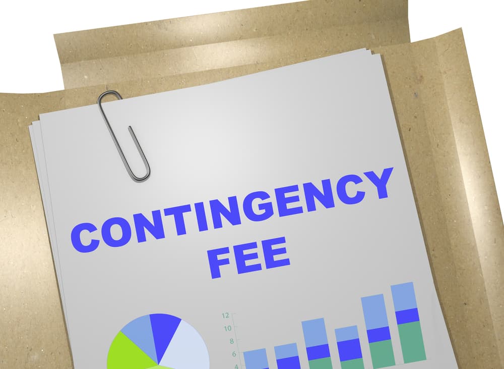 A 3D illustration featuring the words "CONTINGENCY FEE" displayed on a business document, emphasizing the financial arrangement commonly used in legal services.