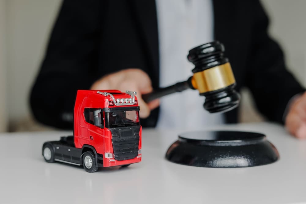 Male Judge hitting Gavel off a block in courtroom and a model of truck on the table